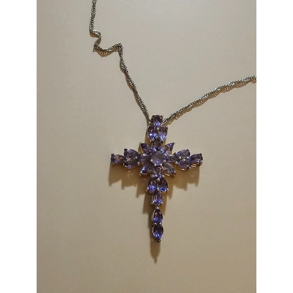 925 Sterling Silver Tanzanite Purple Cross Pendant w Chain DK 925 JTV